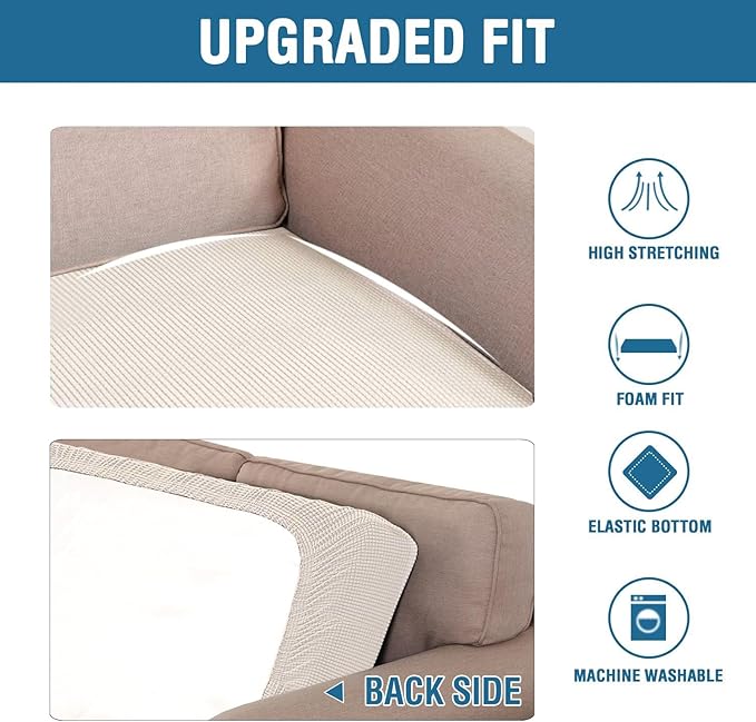 H.VERSAILTEX Super Stretch Individual Seat Cushion Covers - Sofa Couch Cushion Slipcover Sets - Thick Jacquard Textured Twill Fabric - Large (2 Piece, Ivory)