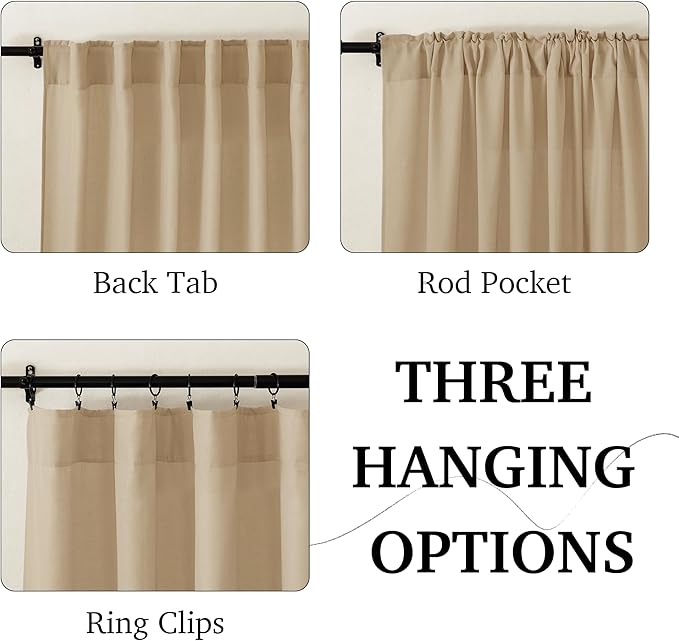 RYB HOME Camel Linen Sheer Curtains 95 inches Length, Aesthetic Light Filtering Airy Half Privacy Gauze Curtain Cortina for Home Office Farmhouse, W 52 x L 84, 2 Pieces