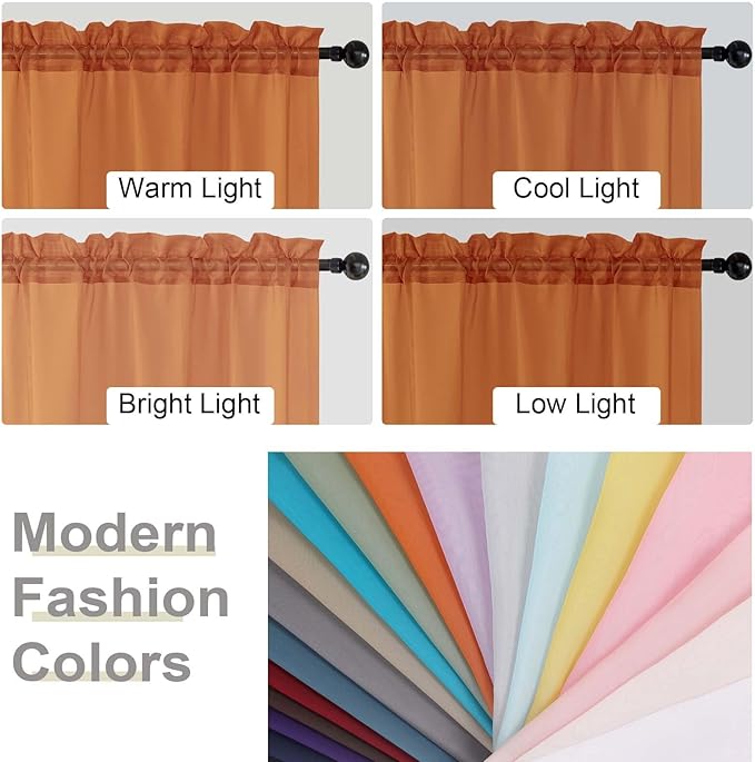 Kitchen Curtains 24 Inch Length Tier 2 Pieces, Orange Sheer Curtain Solid Soft Sheer Short Curtains for Windows, Cafe Bathroom Basement Rod Pocket Drapes, Orange, Each 42" Wx24 L Inches