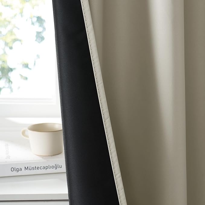 RYB HOME 100% Blackout Bathroom Curtains Over Sink 24 inches Long, Heat & UV Blocking Total Room Darkening Noise Reducing Curtains for Basement RV Campers, Natural, 2 Panels Set