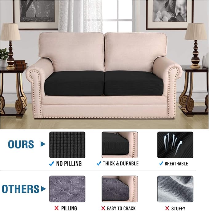 H.VERSAILTEX High Stretch Couch Cushion Covers,Chair Sofa Seat Slipcovers Couch Cushion Cover Stretch Furniture Protector for Kids, Pets(2 Packs Cushion Loveseat Covers, Black)