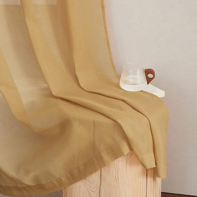 NICETOWN Sheer Linen Bedroom Curtains 96 inch Long, Grommet Privacy Semi Light Filtering Faux Flax Sheer Window Drapes for Living Room, Desert Yellow, W52 x L96, 1 Pair
