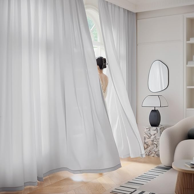 FMFUNCTEX Sheer Non-See-Through Grey Curtains for Bedroom, Faux Silk that Let Light Curtains 108 inches Long Light Filtering Privacy Sheer Window Drapes for Living Room, Rod Pocket 2 Panels Set