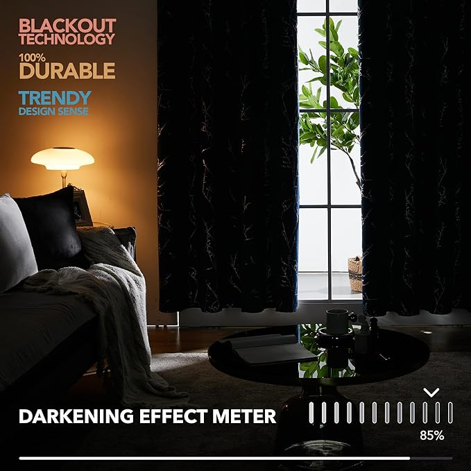 Deconovo Black Blackout Curtains, Thermal Insulated Soundproof Privacy Curtain Drapes, Branch Foil Print, 42 x 72 Inch Long, 2 Panels, Machine‑Washable Window Panel for Bedroom Living Room Office Home