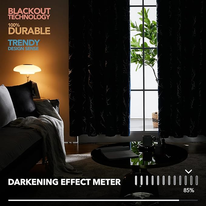 Deconovo Black Blackout Curtains, Thermal Insulated Soundproof Privacy Curtain Drapes, Branch Foil Print, 42 x 84 Inch Long, 2 Panels, Machine‑Washable Window Panel for Bedroom Living Room Office Home
