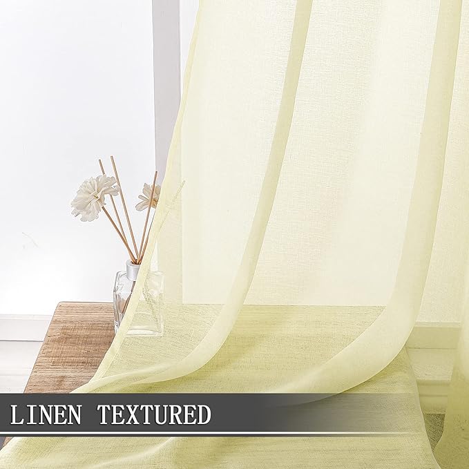 Tollpiz Sheer Curtain Linen Textured Living Room Curtains Sheer Light Filtering Rod Pocket Voile Curtain for Bedroom, 54 x 72 inches Long, Transparent Yellow, Set of 2 Panels