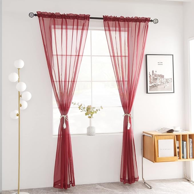 youleyar Solid Sheer Rod Pocket Curtain Voile Draperies 2 Panels White Beige Black Grey Coffee 52 Inch Width 72 Inch Long 1 Pair for Kitchen Bedroom Children Living Room Yard (Wine Red,52Wｘ72L)