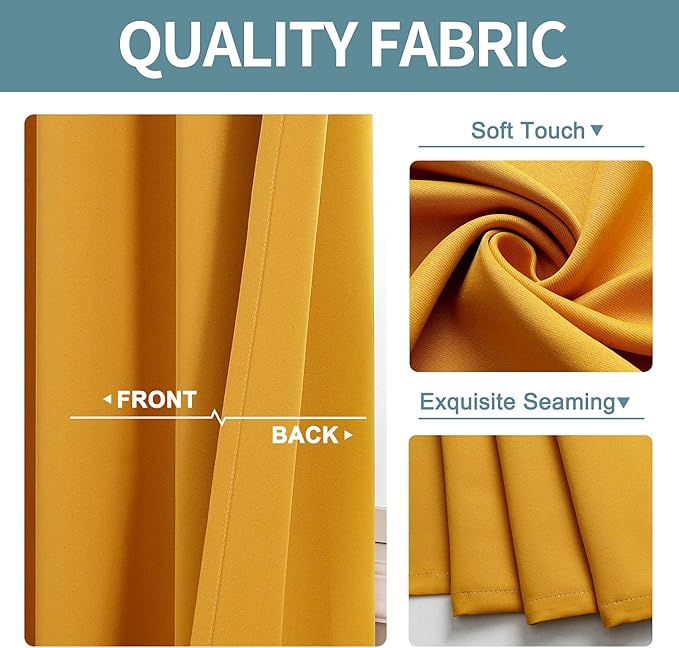 ChrisDowa Grommet Room Darkening Curtains for Bedroom and Living Room - 2 Panels Set Thermal Insulated Blackout Curtains (Mustard Yellow, 52W x 72L)