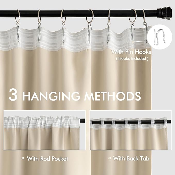 MIULEE Back Tab Cream Beige Curtains 105 Inch Long 2 Panels Set for Living Room Bedroom, Ivory Rod Pocket/Pinch Pleated Light Blocking Thermal Insulated Room Darkening Floor to Ceiling Blackout Drapes