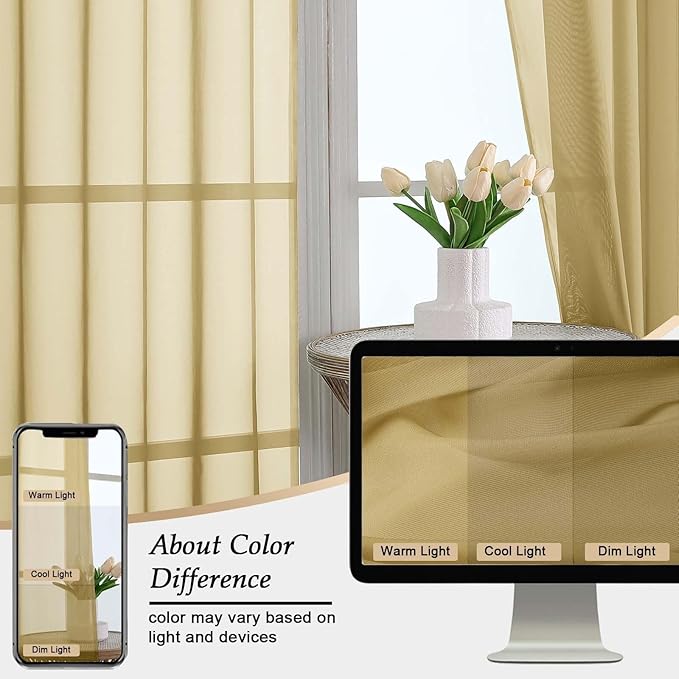Gold Sheer Curtains 90 Inches Long 2 Panels Set for Bedroom Living Room, Soft Airy Light Filtering Modern Solid Rod Pocket Drapes Window Treatments, Gold, Each 59" W x 90" L