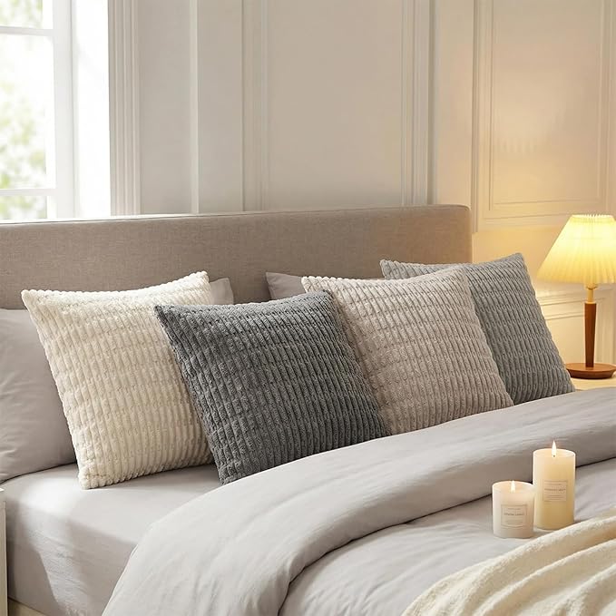 Fancy Homi Set of 4 Grey and White Decorative Throw Pillow Covers 20x20 Inch for Couch Bed Chair, Modern Farmhouse Boho Room Decor, Soft Fuzzy Double Sided Corduroy Textured Striped Cushion Case 50cm