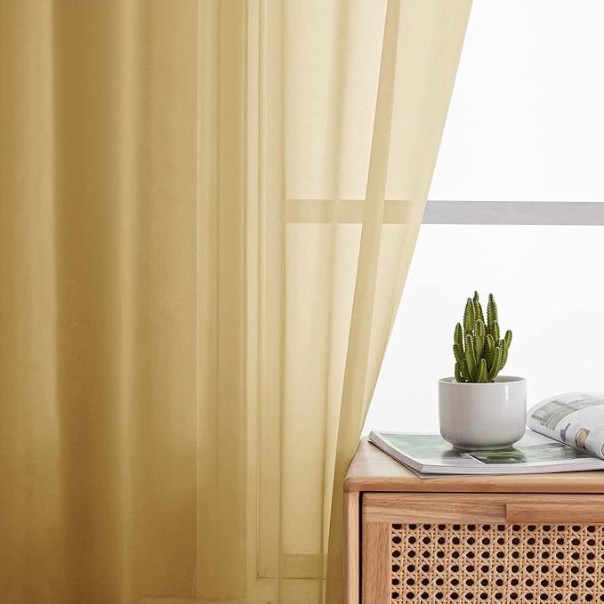 Sheer Gold Curtains for Bedroom Living Room 63 Inch Length 2 Panels, Airy Soft Light Filtering Sheer Dining Room Curtains, Modern Rod Pocket Drapes, Gold, Each 42" Wx63 L Inches