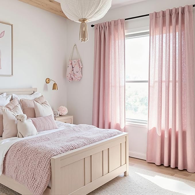 MYSKY HOME Pink Sheer Curtains for Girls Bedroom 84 Inches Long Girl Curtain Kids Nursery Window Drapes Living Room Semi Sheer Light Filtering Soft Home Decor Back Tab, 50" x 84", Light Pink, 2 Panels
