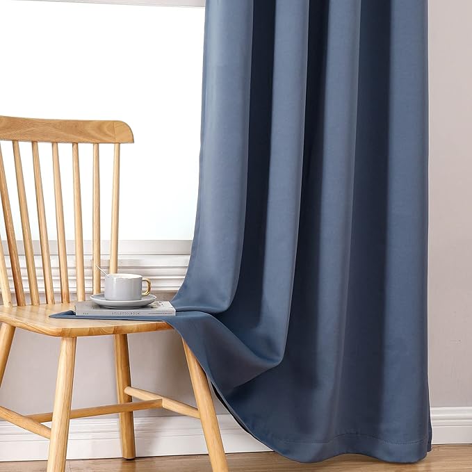 ChrisDowa 100% Blackout Curtains 80 inch Long for Bedroom with Black Liner, 2 Thick Layers Total Blackout Thermal Insulated Grommet Window Curtains 2 Panels Set (Stone Blue, 52 x 80 Inch)
