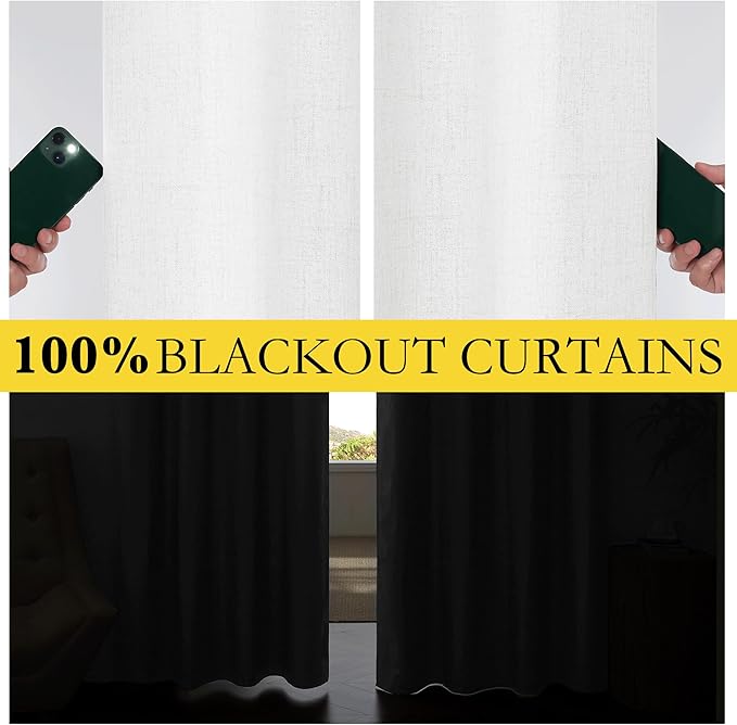 NICETOWN 100% Absolutely Blackout Linen Curtains with Thermal Insulated Liner, Greyish White, 42" Wide, 90" Length Energy Saving Curtains for Living Room 2 Panels Set, Vertical Blinds