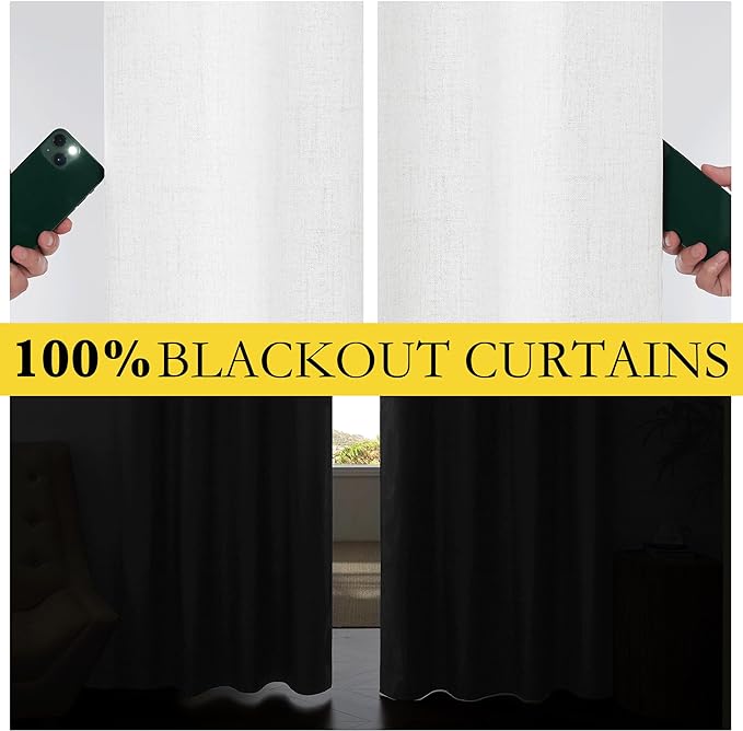 NICETOWN 100% Absolutely Blackout Linen Curtains with Thermal Insulated Liner, Greyish White, 52" Wide, 102" Length Energy Saving Curtains for Living Room 2 Panels Set, Vertical Blinds