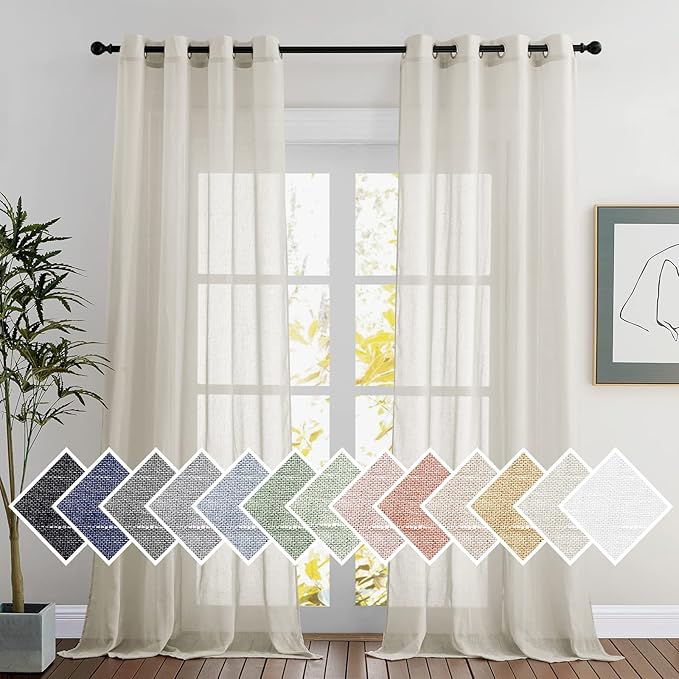 NICETOWN Natural Linen Sheer Curtains 120 inches Long, Privacy Chic Semi Sheer Window Drapes Privacy with Light Filtering for Farmhouse/Bedroom, W52 x L120, 2 Panels