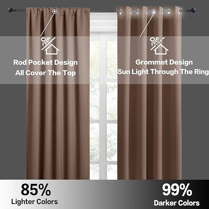 RYB HOME Blackout Cafe Curtains 30 inch Length, Short Light UV Heat Blocking Energy Saving Privacy Curtain Tiers for Basement Bathroom Kitchen Window, Width 29 by Length 30, Mocha, 2 Panels