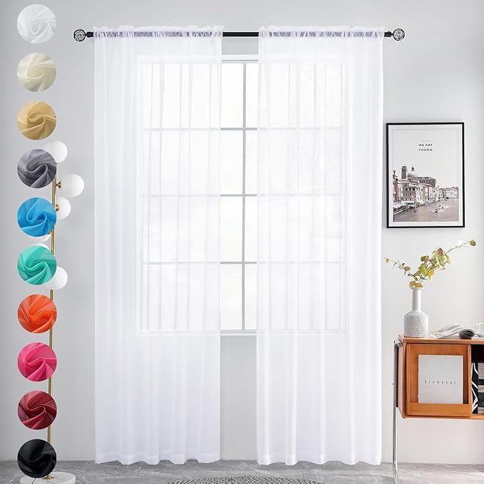 youleyar Sheer Rod Pocket Curtain Voile Draperies 2 Panels White Beige Black Grey Coffee 52 Inch Width 96 Inch Long 1 Pair for Kitchen Bedroom Children Living Room Yard (Optical White,52Wｘ96L)