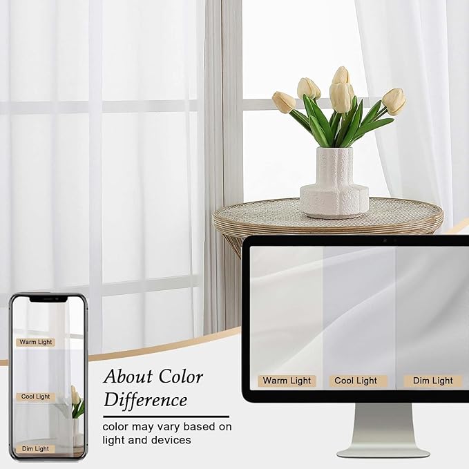 Sheer White Curtains for Bedroom Living Room 90 Inches Long 2 Panels Set, Soft Airy Light Filtering Sheer Window Treatments, Modern Rod Pocket Curtains Drapes, Each 59" Wx90 L Inch