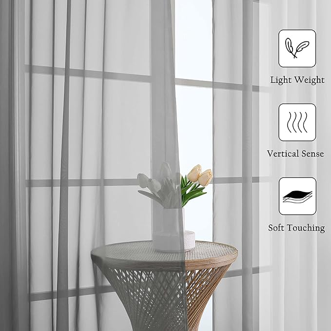 Lecloud Charcoal Grey Sheer Curtains 90 Inches Long 2 Panels Set, Dual Rod Pocket Living Room Curtains for Bedroom Decor, Light Filtering Airy Rustic Dining Room Drapes, Each Panel 59" W x 90" L