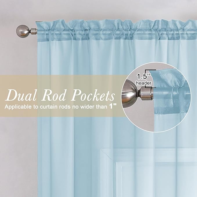 Lecloud Solid Voile Sky Blue Sheer Curtains 63 Inch Length 2 Panels, Dual Rod Pockets Window Light Filtering Curtain for Living Room and Girls Bedroom, Gauzy Kitchen Light Blue Drapes, 40x63 Inches