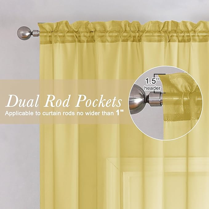 Lecloud Yellow Sheer Curtains 84 Inches Long 2 Panels, Light Filtering Voile Window Curtains for Bedroom Living Room, Dual Rod Pocket Semi Sheer Window Treatments, 40 W x 84 L Inches