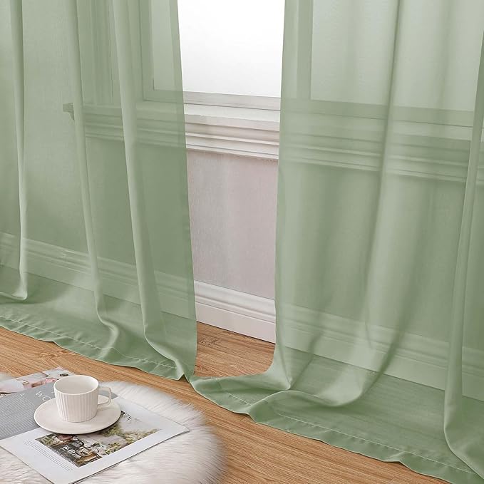 Extra Long Sheer Green Curtains for Bedroom Living Room 108 Inches Long 2 Panels Set, Solid Soft Light Filtering Rod Pocket Sheer Window Curtains, Sage, Each 59" Wx108 L Inch