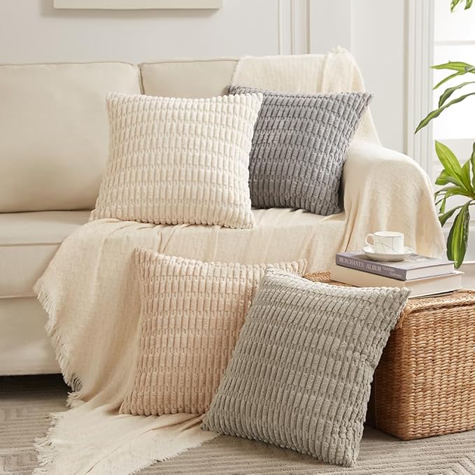 Fancy Homi 4 Packs Neutral Decorative Throw Pillow Covers 16x16 Inch for Living Room Couch Bed Sofa, Rustic Farmhouse Boho Neutral Home Decor, Soft Plush Striped Corduroy Square Cushion Case 40x40 cm