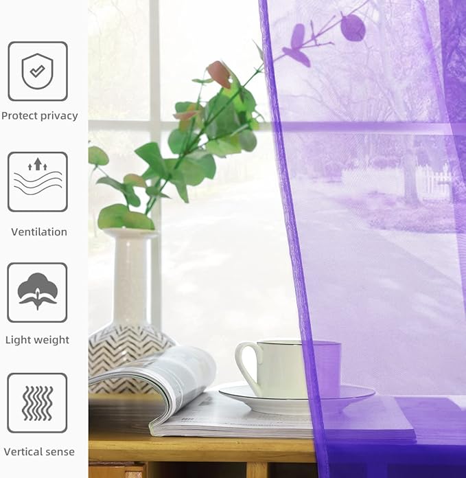 youleyar Solid Sheer Rod Pocket Curtain Voile Draperies 2 Panels White Beige Black Grey Coffee 52 Inch Width 54 Inch Long 1 Pair for Kitchen Bedroom Children Living Room Yard (Purple,52Wｘ54L)