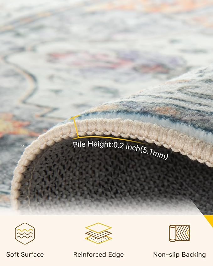 Area Rugs 3'x5' Washable Non-Slip, Floral Vintage Distress Print Pattern Medallion Carpet for Living Room Bedroom Dining Room, Light Yellow Carbon Grey Orange