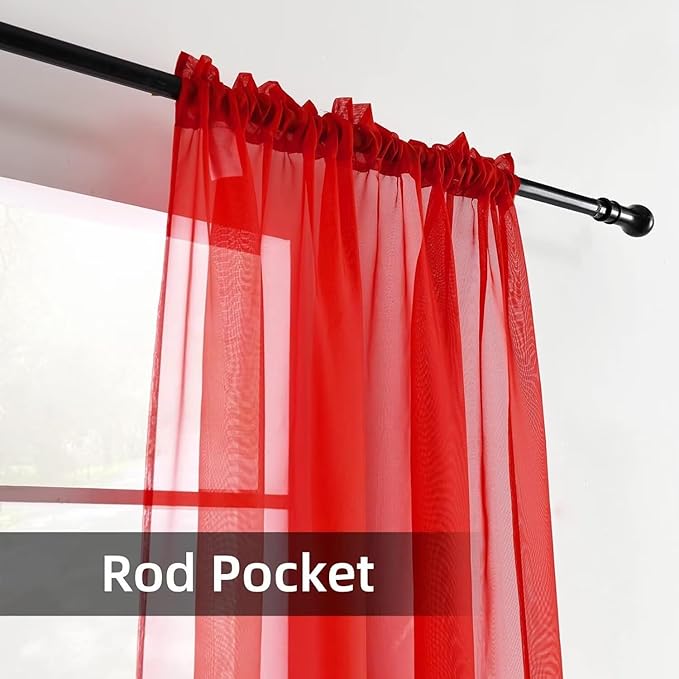 youleyar Solid Sheer Rod Pocket Curtain Voile Draperies 2 Panels White Beige Black Grey Coffee 52 Inch Width 72 Inch Long 1 Pair for Kitchen Bedroom Children Living Room Yard (Red,52Wｘ72L)