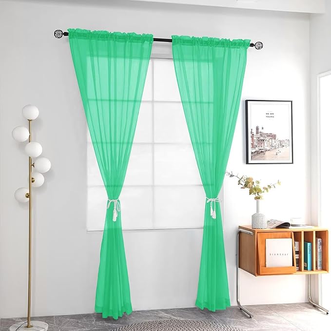 youleyar Solid Sheer Rod Pocket Curtain Voile Draperies 2 Panels White Beige Black Grey Coffee 52 Inch Width 54 Inch Long 1 Pair for Kitchen Bedroom Children Living Room Yard (Grass Green,52Wｘ54L)