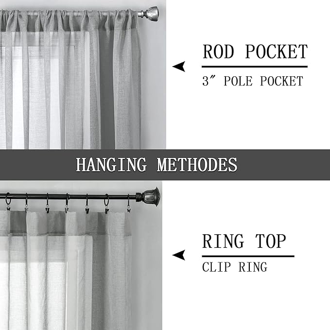 Tollpiz Sheer Curtains Linen Textured Living Room Curtain Sheers Light Filtering Rod Pocket Voile Curtains for Bedroom, 42 x 63 inches Long, Silver Grey, Set of 2 Panels