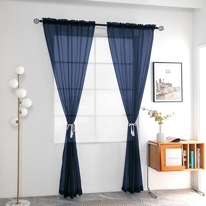 youleyar Solid Sheer Rod Pocket Curtain Voile Draperies 2 Panels White Beige Black Grey Coffee 52 Inch Width 72 Inch Long 1 Pair for Kitchen Bedroom Children Living Room Yard (Navy,52Wｘ72L)