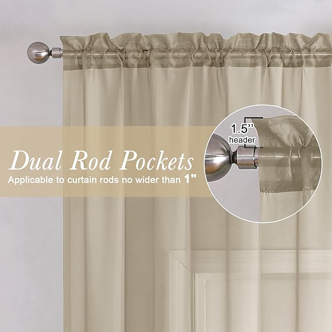 Lecloud Taupe Sheer Curtains 108 Inches Long 2 Panels, Dual Rod Pocket Light Filtering Bedroom Curtains for Living Room Decor, Airy Solid Color Window Treatments Drapes, Each Panel 59" W x 108" L