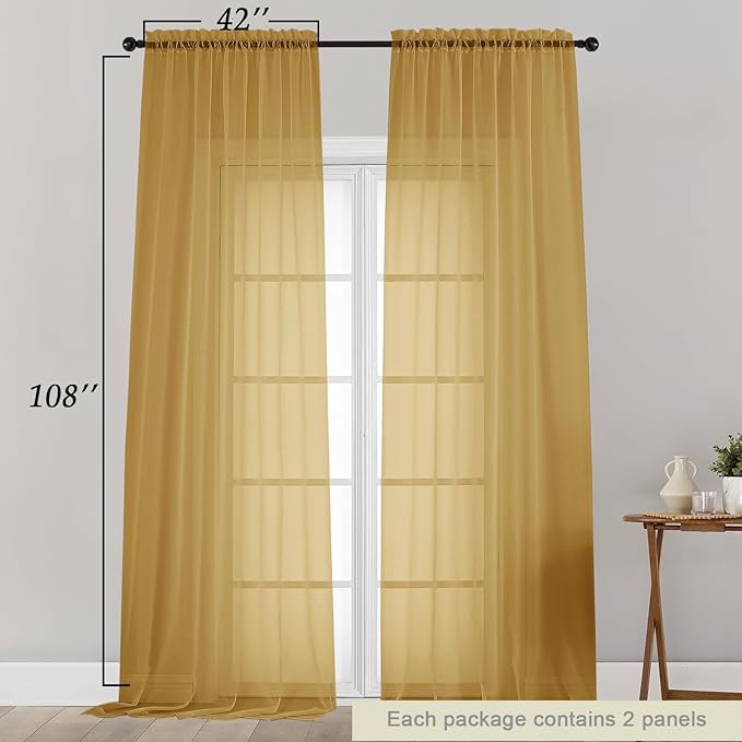 Extra Long Sheer Gold Curtains for Bedroom Living Room 108 Inches Long 2 Panels Set, Solid Soft Light Filtering Rod Pocket Sheer Window Curtains, Gold, Each 42" Wx108 L Inch