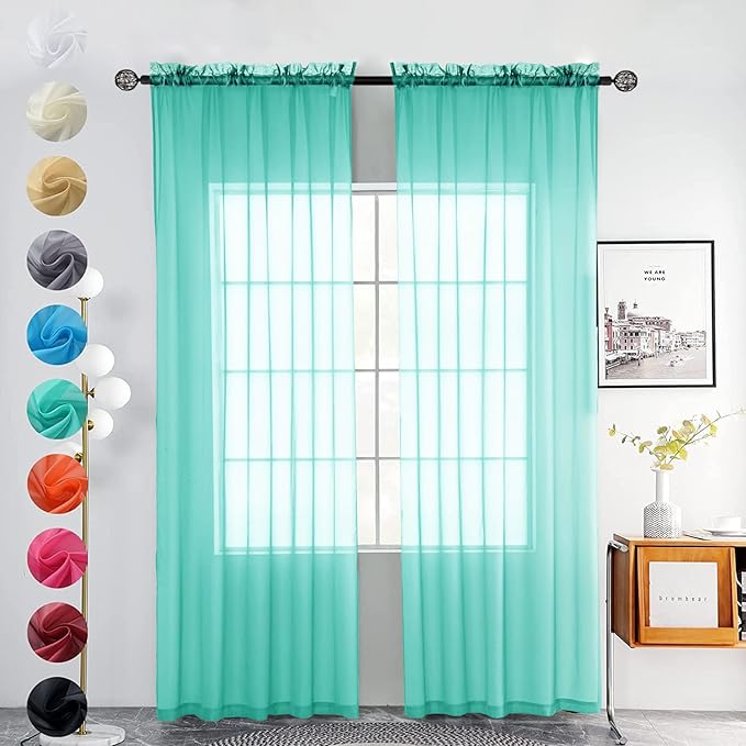 youleyar Solid Sheer Rod Pocket Curtain Voile Draperies 2 Panels White Beige Black Grey Coffee 52 Inch Width 54 Inch Long 1 Pair for Kitchen Bedroom Children Living Room Yard (Turquoise,52Wｘ54L)