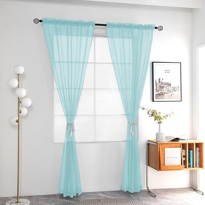 youleyar Solid Sheer Rod Pocket Curtain Voile Draperies 2 Panels White Beige Black Grey Ivory 52 Inch Width 45 Inch Long 1 Pair for Kitchen Bedroom Children Living Room Yard (Sky Blue,52Wｘ45L)
