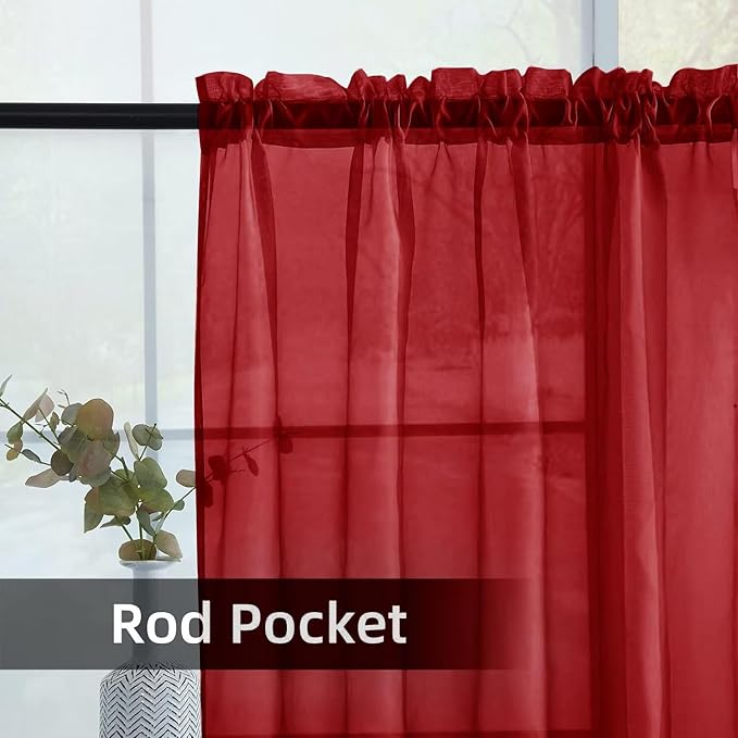 youleyar Solid Sheer Rod Pocket Curtain Voile Draperies 2 Panels White Beige Black Grey Ivory 52 Inch Width 54 Inch Long 1 Pair for Kitchen Bedroom Children Living Room Yard (Christmas Red,52Wｘ54L)