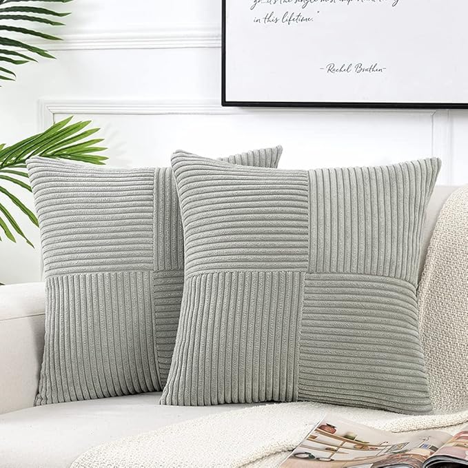 Fancy Homi 2 Packs Grey Decorative Throw Pillow Covers 18x18 Inch for Living Room Couch Bed Sofa, Rustic Farmhouse Boho Home Decor, Soft Corss Corduroy Patchwork Textured Square Cushion Case 45x45 cm