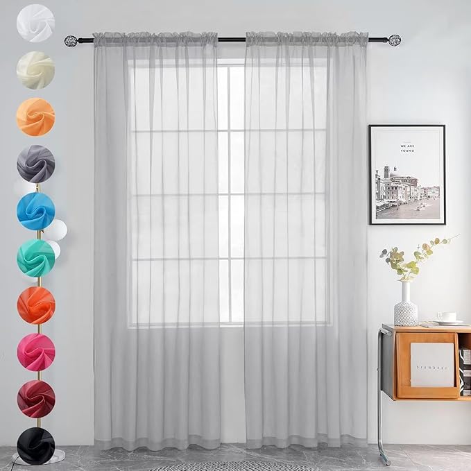 youleyar Solid Sheer Rod Pocket Curtain Voile Draperies 2 Panels White Beige Black Grey Ivory 52 Inch Width 84 Inch Long 1 Pair for Kitchen Bedroom Children Living Room Yard (Silver Grey,52Wｘ84L)