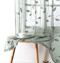 HOMEIDEAS Sage Green Sheer Curtains 52 X 63 Inches Length 2 Panels Embroidered Leaf Pattern Pocket Faux Linen Floral Semi Sheer Voile Window Curtains/Drapes for Bedroom Living Room
