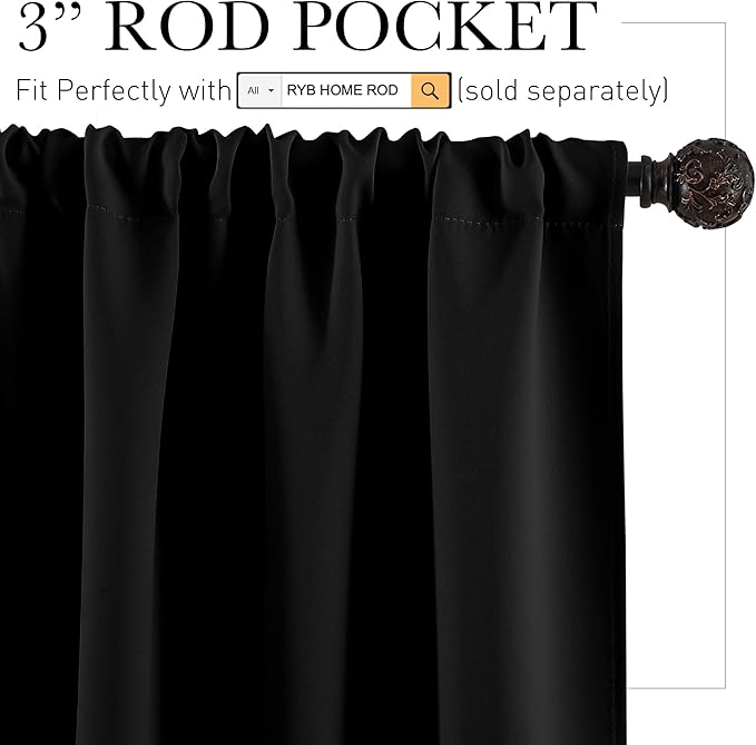 RYB HOME RV Curtains for Camper Windows, Mini Small Thermal Insulated Sunlight Heat Blocking Blackout Privacy Portable Curtains for Travel Trailer, Width 34 by Length 24, Black, 2 Panels