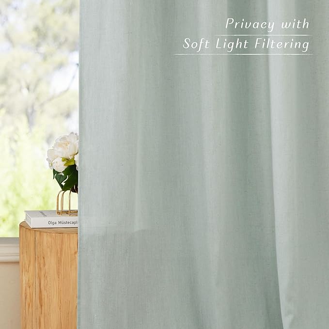 NICETOWN Linen Blend Kitchen Curtains 54 inches Long, Grommet Cafe Curtains & Drapes Privacy Added with Light Filtering Window Treatments for Nuersery, Sage Green, 2 Panels, W55 x L54