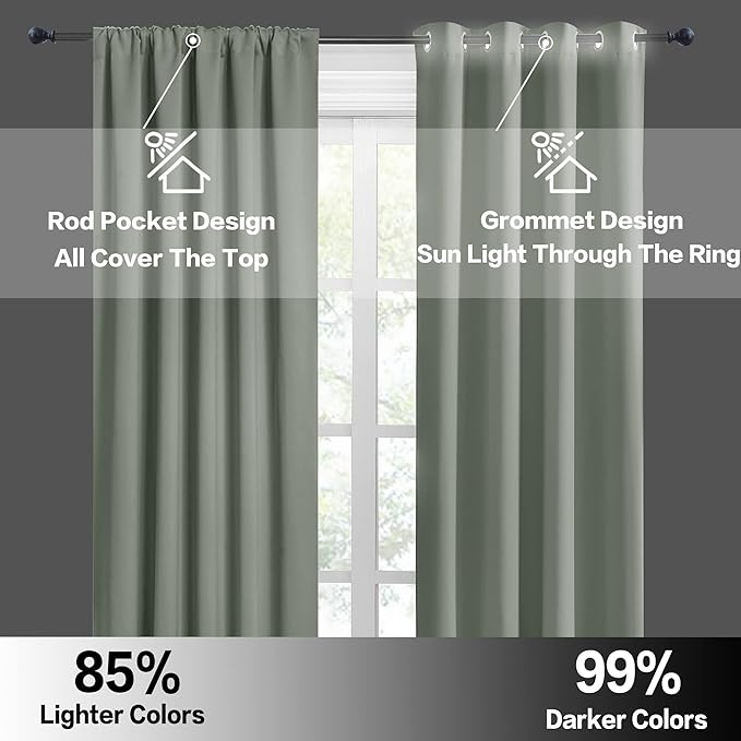 RYB HOME Blackout Curtains for Bedroom Living Room 72 inches Long, Thermal Insulated Privacy Rod Pocket Drapes for Nursery Office Home Theater, Width 42 by Length 72, Greyish Green, 2 Panels