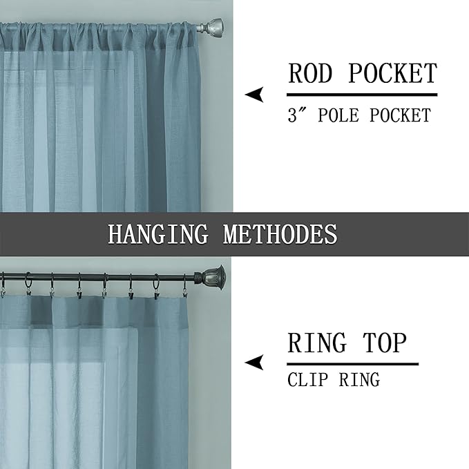Tollpiz Short Sheer Curtains Living Room Linen Textured Curtain Sheers Light Filtering Voile Rod Pocket Curtains for Bedroom, 38 x 45 inches Long, Dusty Blue, Set of 2 Panels