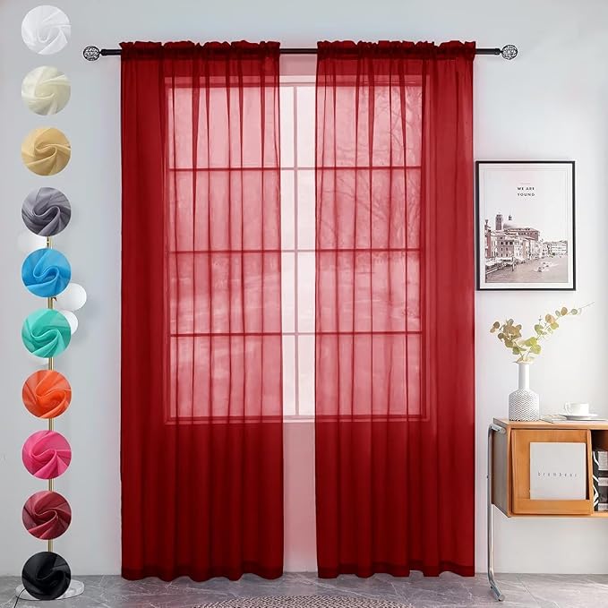 youleyar Solid Sheer Rod Pocket Curtain Voile Draperies 2 Panels White Beige Black Grey Ivory 52 Inch Width 72 Inch Long 1 Pair for Kitchen Bedroom Children Living Room Yard (Christmas Red,52Wｘ72L)
