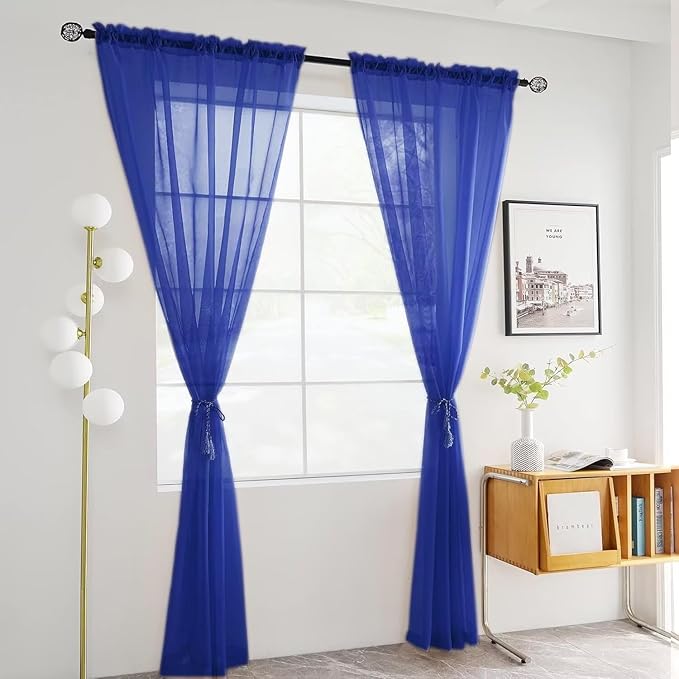 Youleyar Solid Sheer Rod Pocket Curtain Voile Draperies 2 Panels White Beige Black Ivory Coffee 26 Inch Width 30 Inch Long 1 Pair for Kitchen Bedroom Children Living Room Yard(Blue Sapphire,26W x 30L)