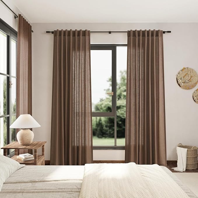 Caramel Brown Linen Curtains for Living Room 95 Inches Long Back Tab and Rod Pocket Light Filtering Semi Sheer Vintage Rustic Curtain Luxury Boho Decor Drapes for Bedroom Office 52x95, 2 Panels